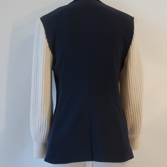 Womens Cinq A Sept 5a7 Navy Blue, Cream Ribbed Sleeve Blazer 4 - Picture 7 of 8